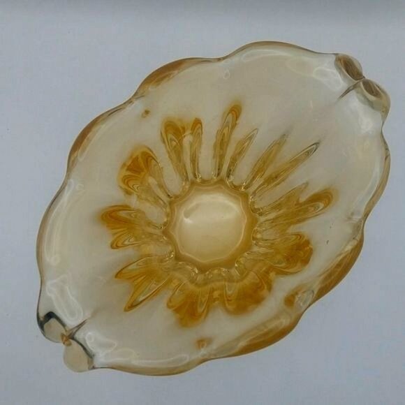 Vintage Hand Blown Amber Yellow Ribbed Glass Fan Vase - Picture 2 of 6